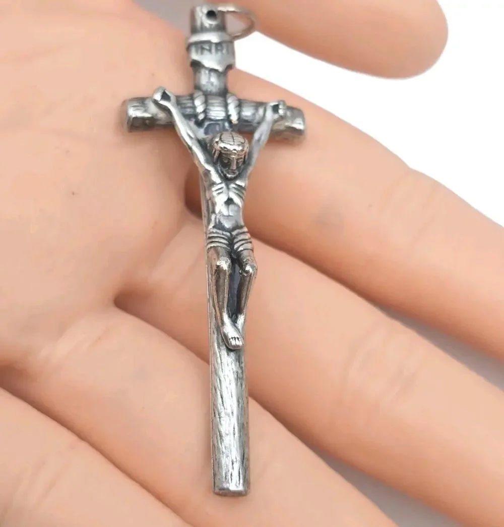 Vintage Crucifix Pendant Papal Style Signed Italy Silver Plated SKU 3516